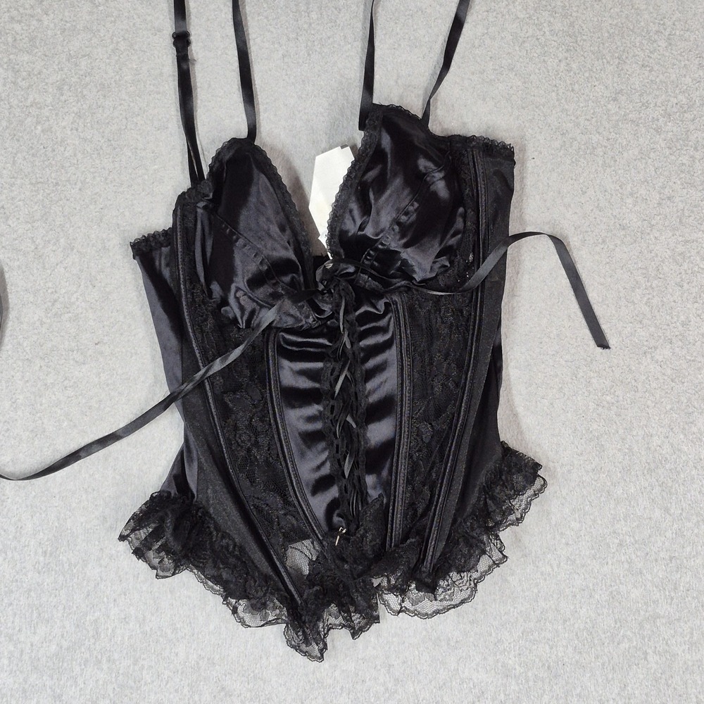 Private Luxuries Women Corset Large Black Bustier Lace Ribbon Satin Lace Up NWT